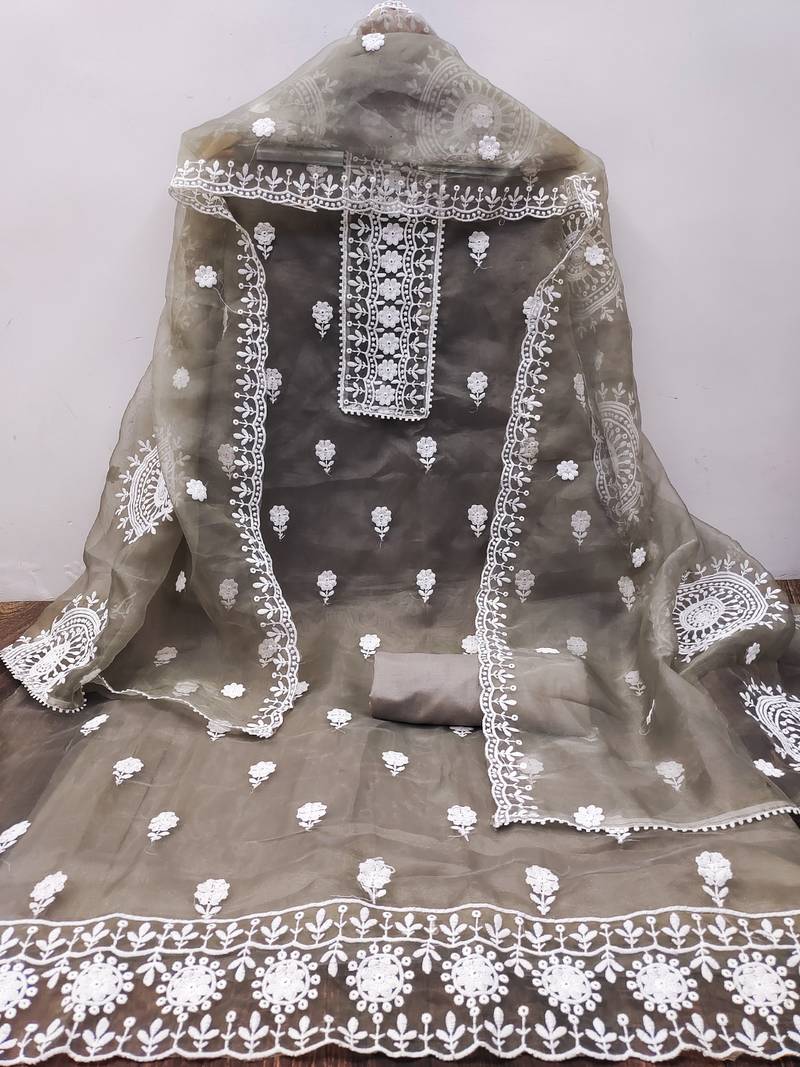 unstitched dress material with white floral embroidery & organza dupatta