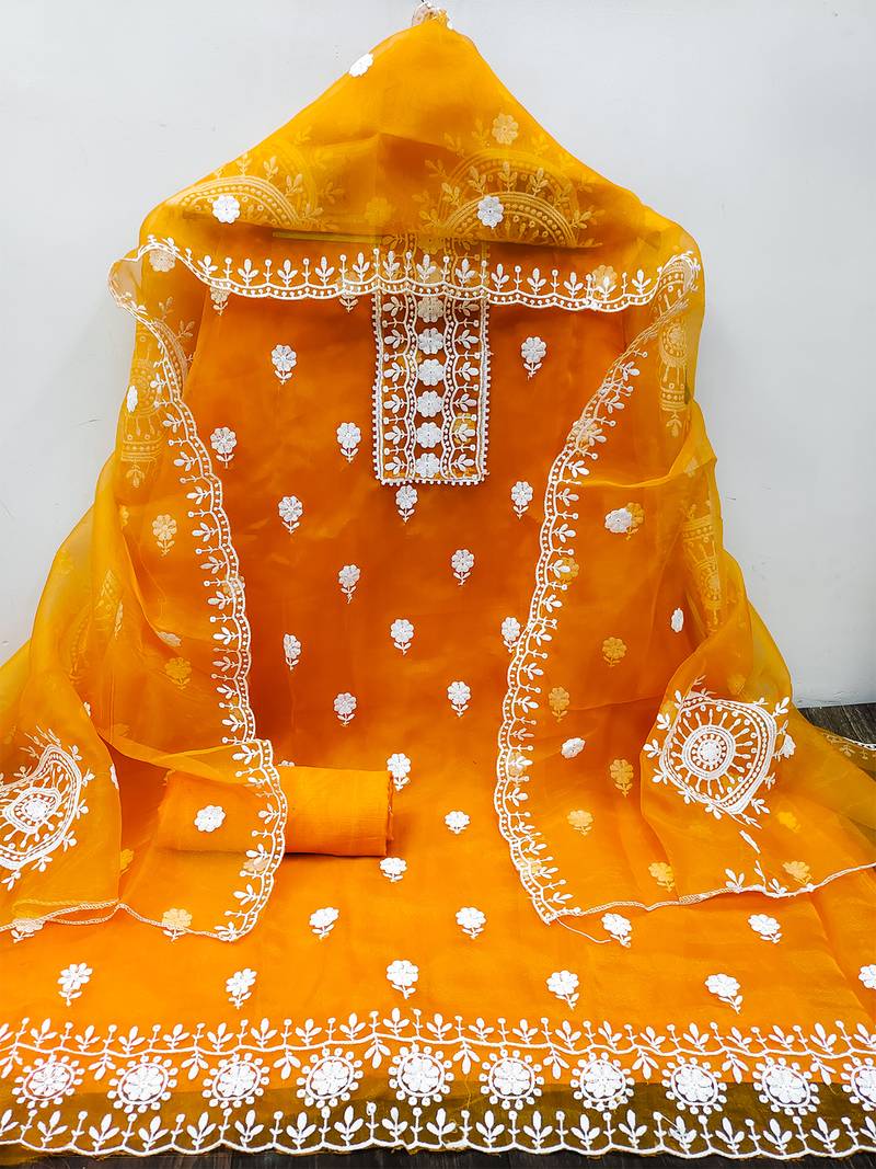 unstitched dress material with white floral embroidery & organza dupatta