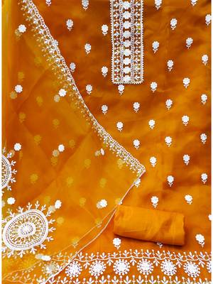unstitched dress material with white floral embroidery & organza dupatta 3