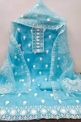 unstitched dress material with white floral embroidery & organza dupatta