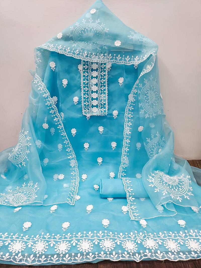 unstitched dress material with white floral embroidery & organza dupatta