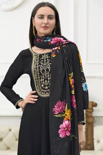 Black vichitra silk floral embroidered anarkali kurta with pant & dupatta
