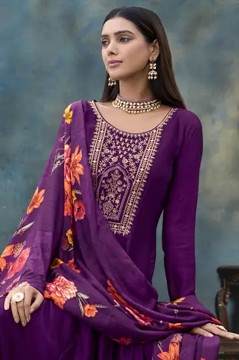 Purple vichitra silk floral embroidered anarkali kurta with pant & dupatta