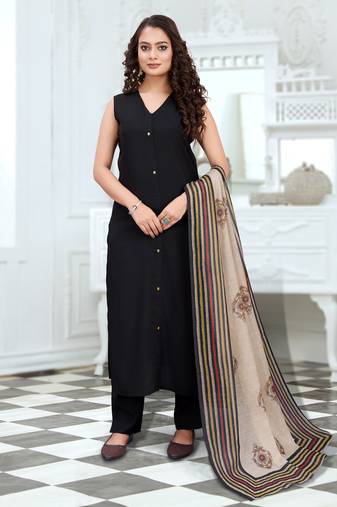 Black roman silk solid straight kurta with pant & printed dupatta