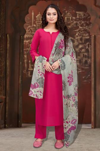 Fuchsia pink roman silk solid straight kurta with pant & printed dupatta