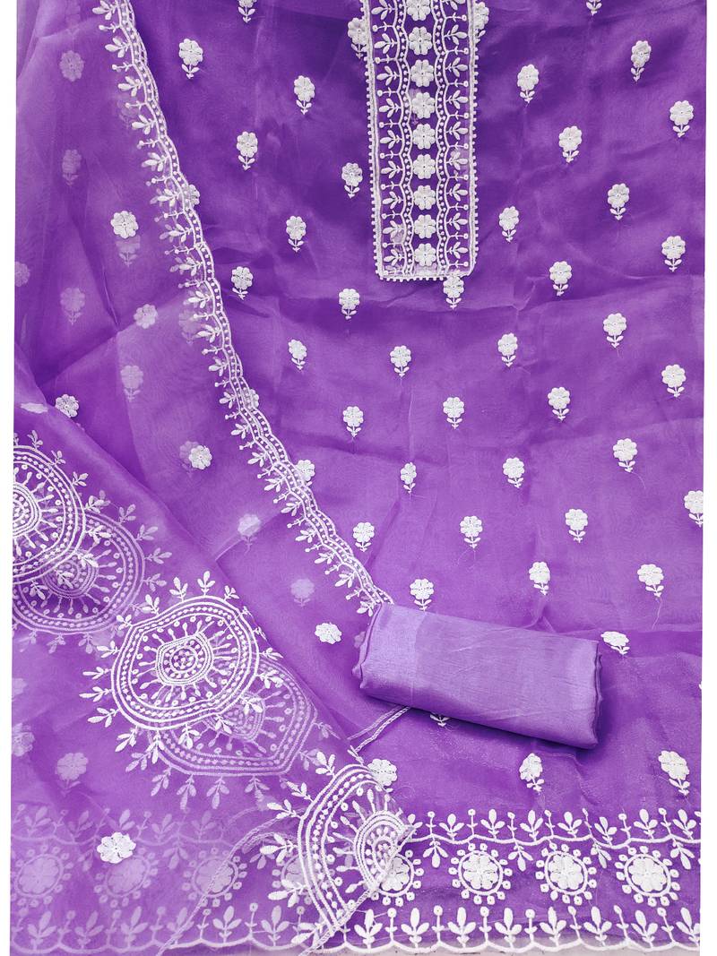 unstitched dress material with white floral embroidery & organza dupatta