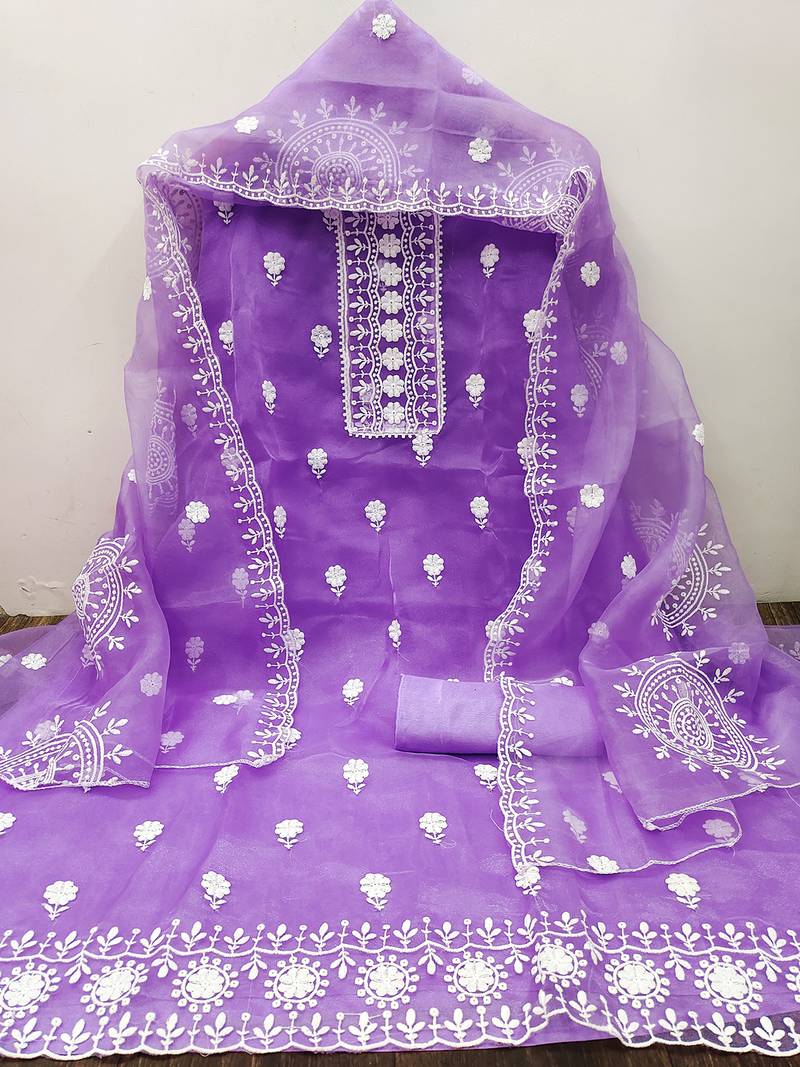 unstitched dress material with white floral embroidery & organza dupatta
