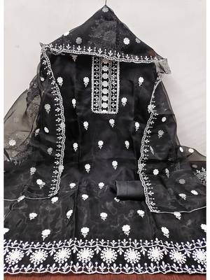 unstitched dress material with white floral embroidery & organza dupatta 2