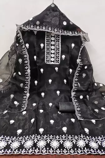 unstitched dress material with white floral embroidery & organza dupatta