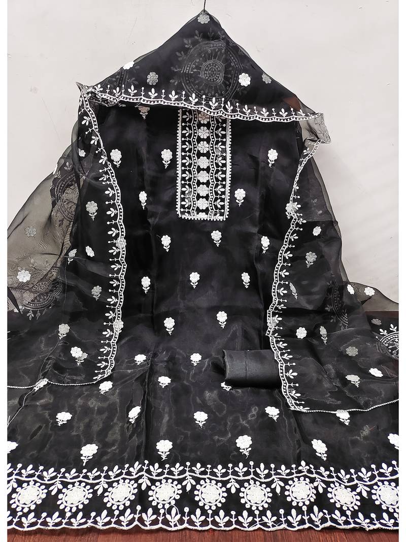 unstitched dress material with white floral embroidery & organza dupatta