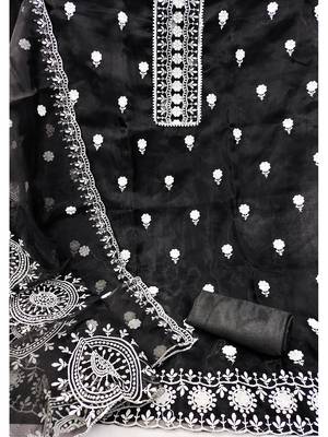 unstitched dress material with white floral embroidery & organza dupatta 3
