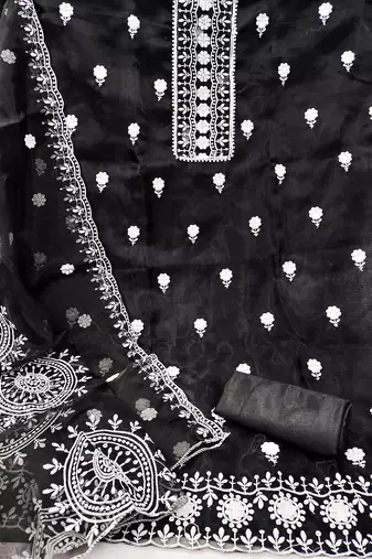 unstitched dress material with white floral embroidery & organza dupatta
