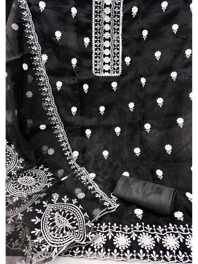 unstitched dress material with white floral embroidery & organza dupatta