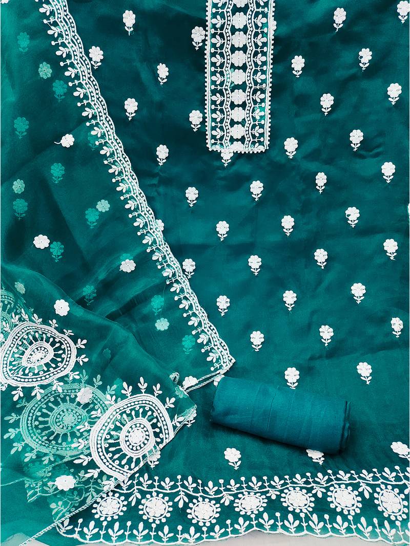 unstitched dress material with white floral embroidery & organza dupatta