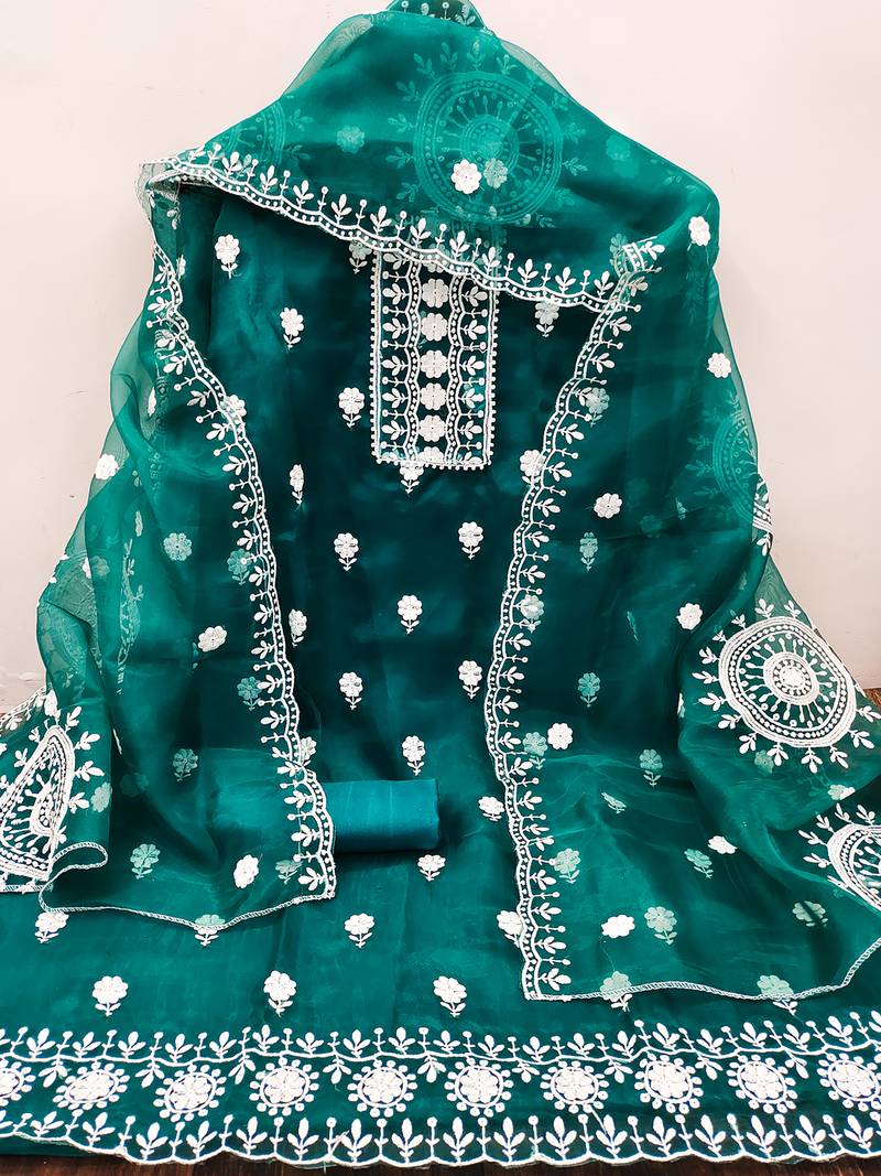unstitched dress material with white floral embroidery & organza dupatta
