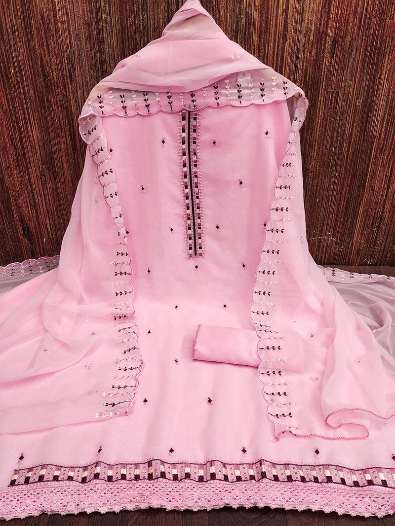 Charming unstitched dress material with subtle sequin work & embroidered dupatta