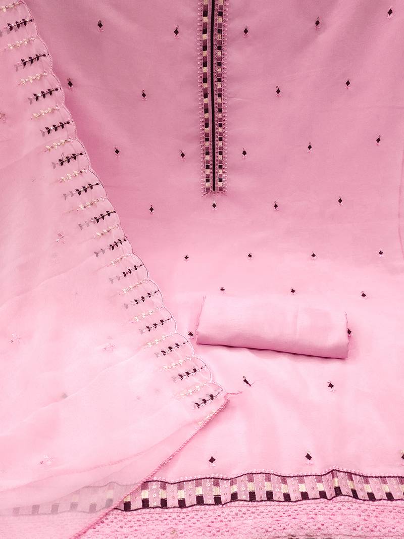 Charming unstitched dress material with subtle sequin work & embroidered dupatta