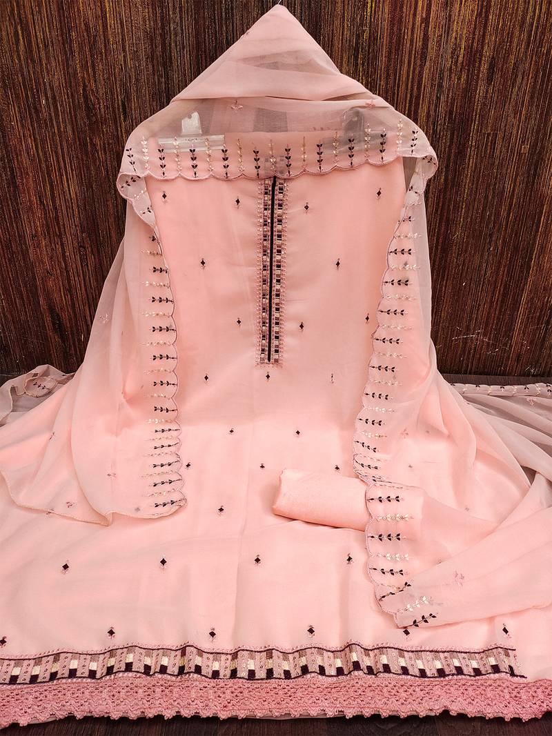 Charming unstitched dress material with subtle sequin work & embroidered dupatta