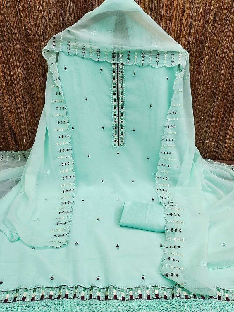 Charming unstitched dress material with subtle sequin work & embroidered dupatta