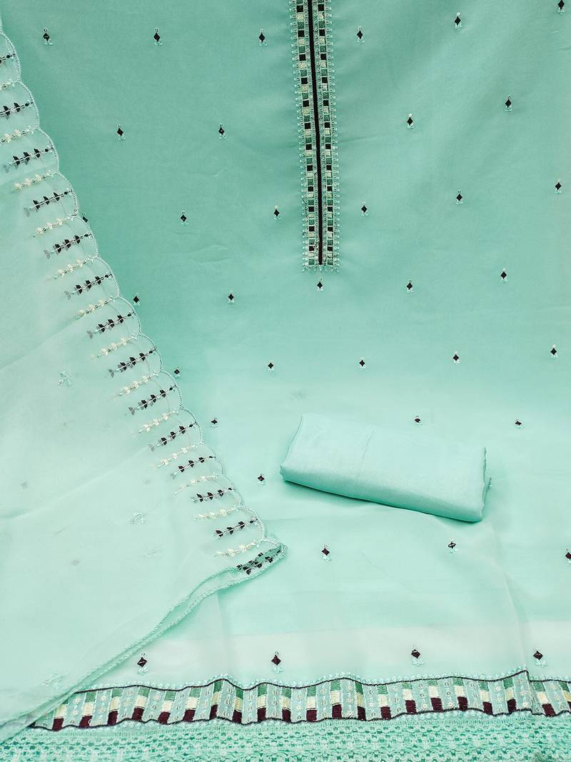 Charming unstitched dress material with subtle sequin work & embroidered dupatta