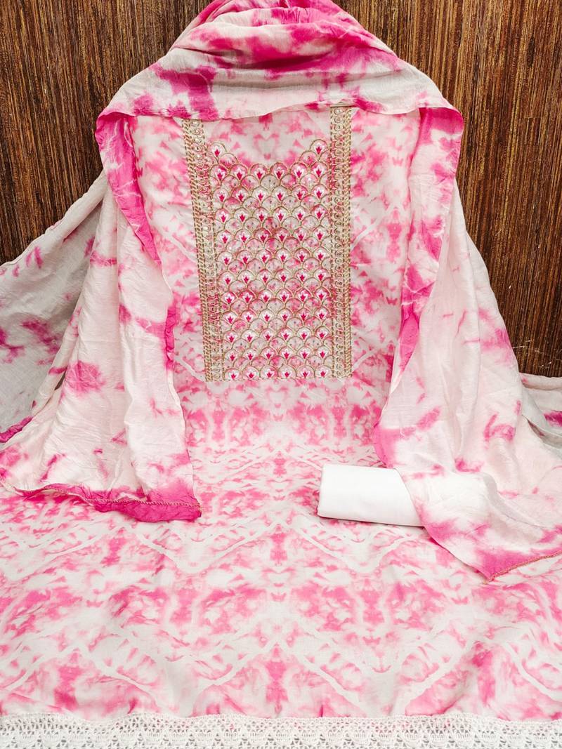 unstitched dress material with mirror work & tie-dye dupatta