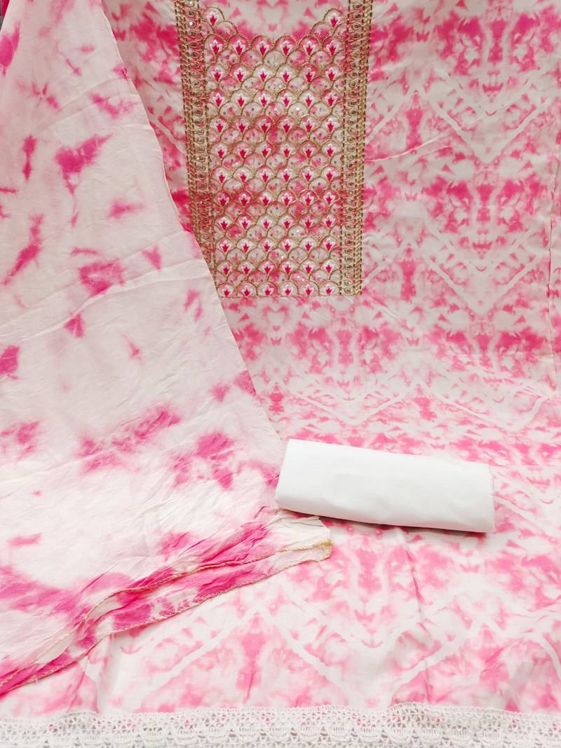 unstitched dress material with mirror work & tie-dye dupatta