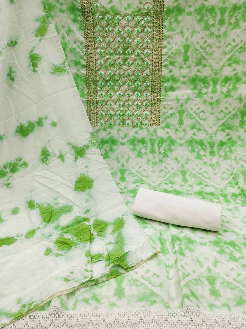 unstitched dress material with mirror work & tie-dye dupatta