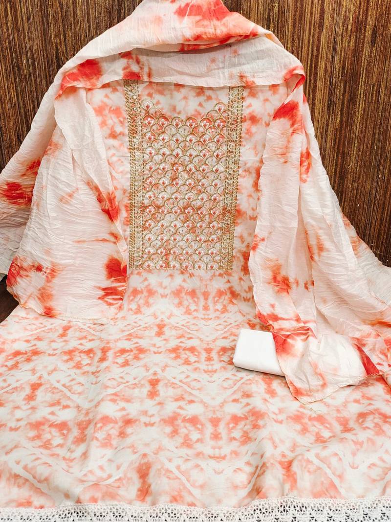 unstitched dress material with mirror work & tie-dye dupatta