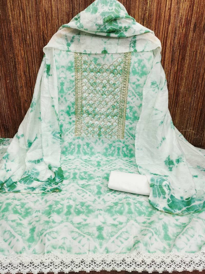 unstitched dress material with mirror work & tie-dye dupatta