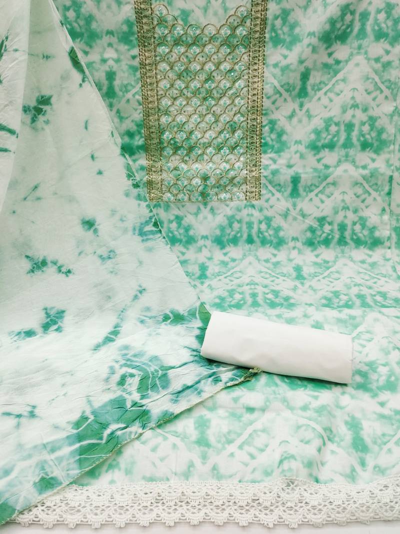unstitched dress material with mirror work & tie-dye dupatta