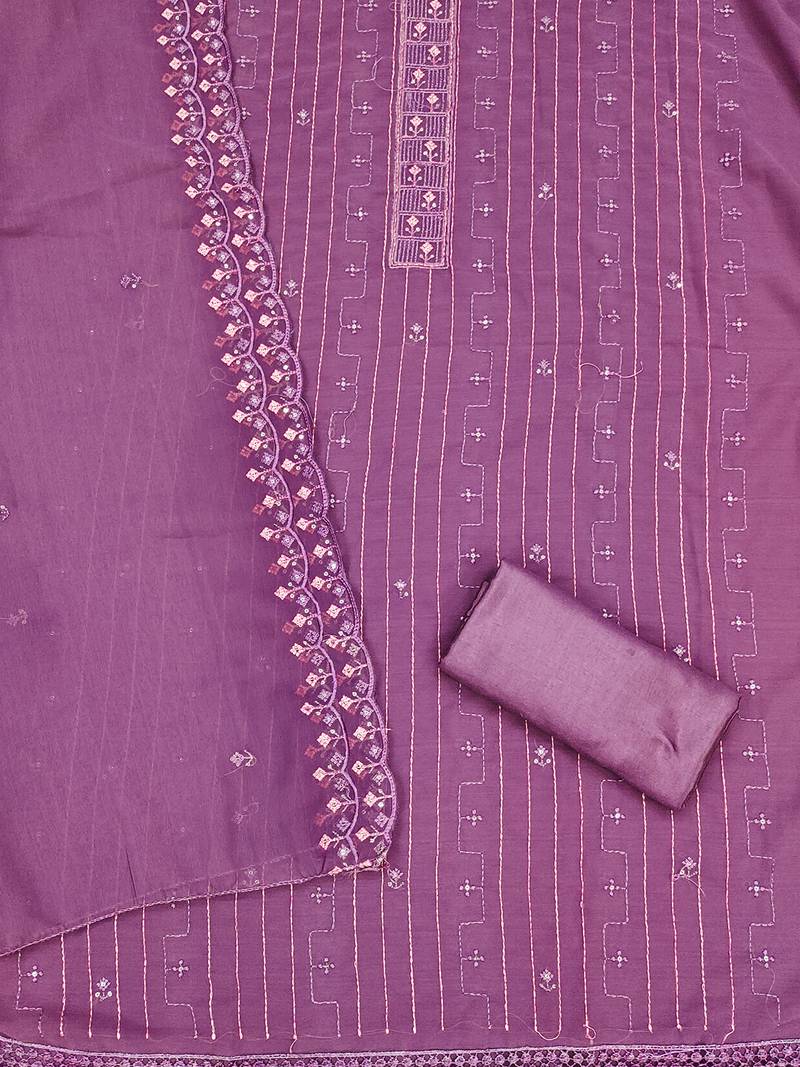 Purple unstitched suit with pink thread & mirror work embroidery
