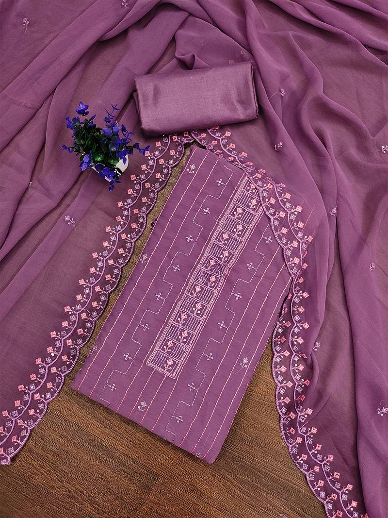 Purple unstitched suit with pink thread & mirror work embroidery