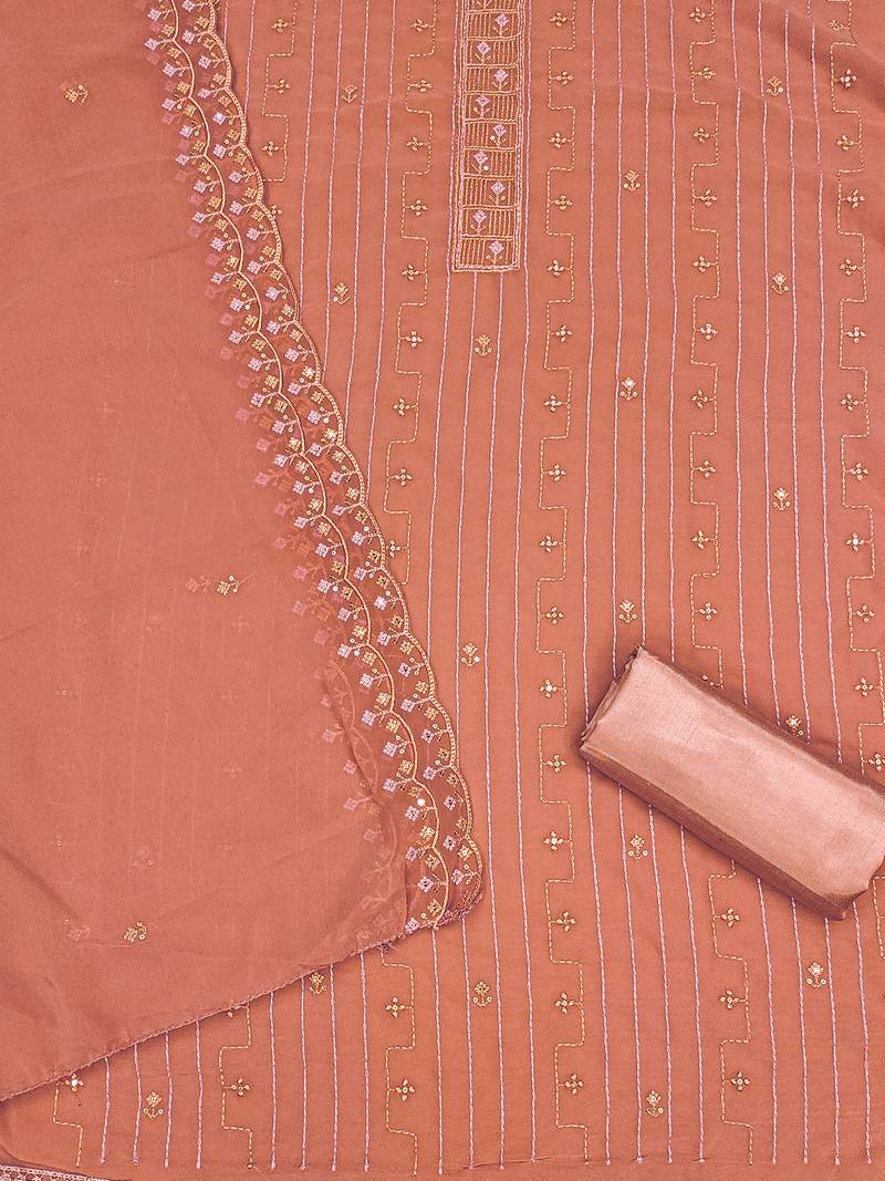 Peach unstitched suit with pink thread & mirror work embroidery
