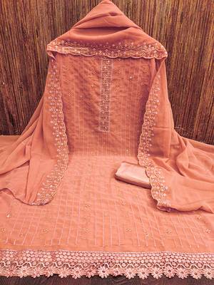 Peach unstitched suit with pink thread & mirror work embroidery 3