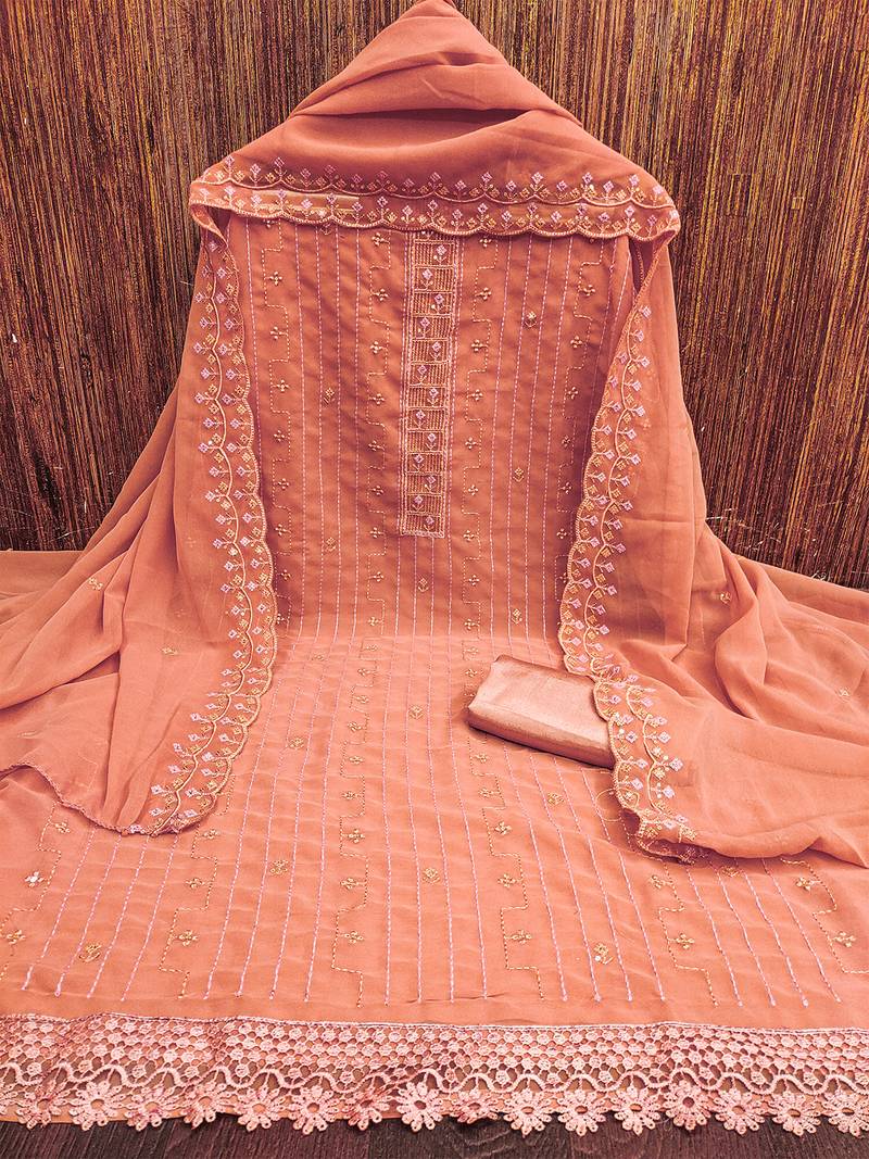 Peach unstitched suit with pink thread & mirror work embroidery
