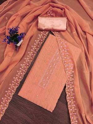 Peach unstitched suit with pink thread & mirror work embroidery 4