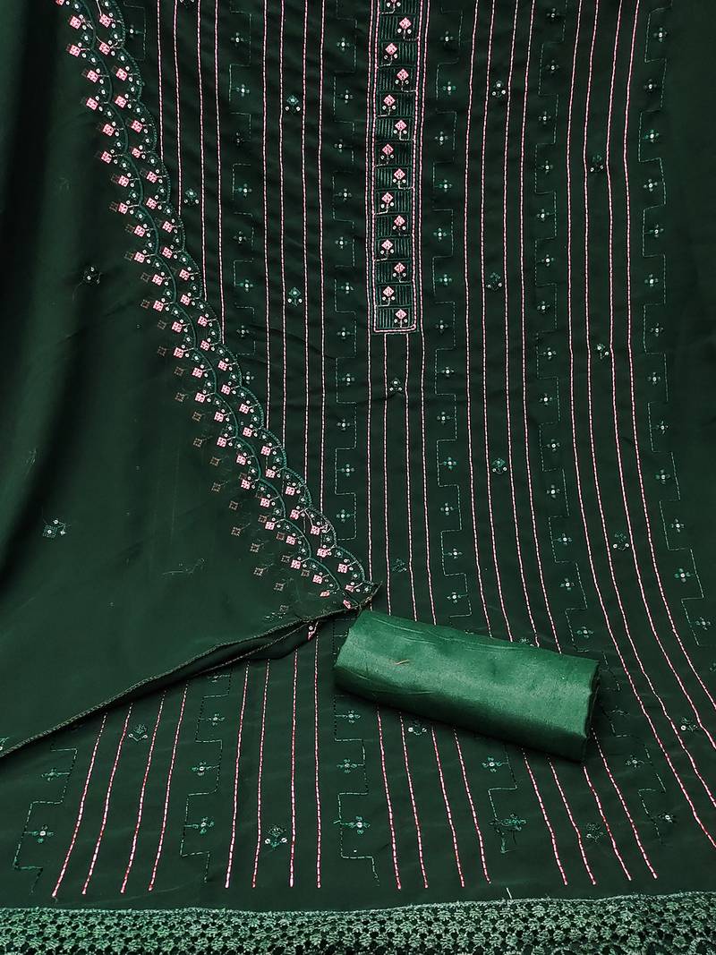 Green unstitched suit with pink thread & mirror work embroidery