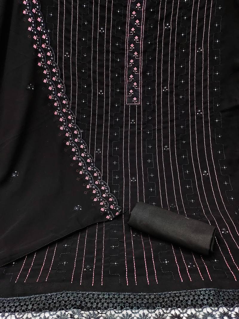 Graceful unstitched suit with pink thread & mirror work embroidery