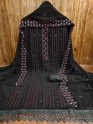 Graceful unstitched suit with pink thread & mirror work embroidery 3