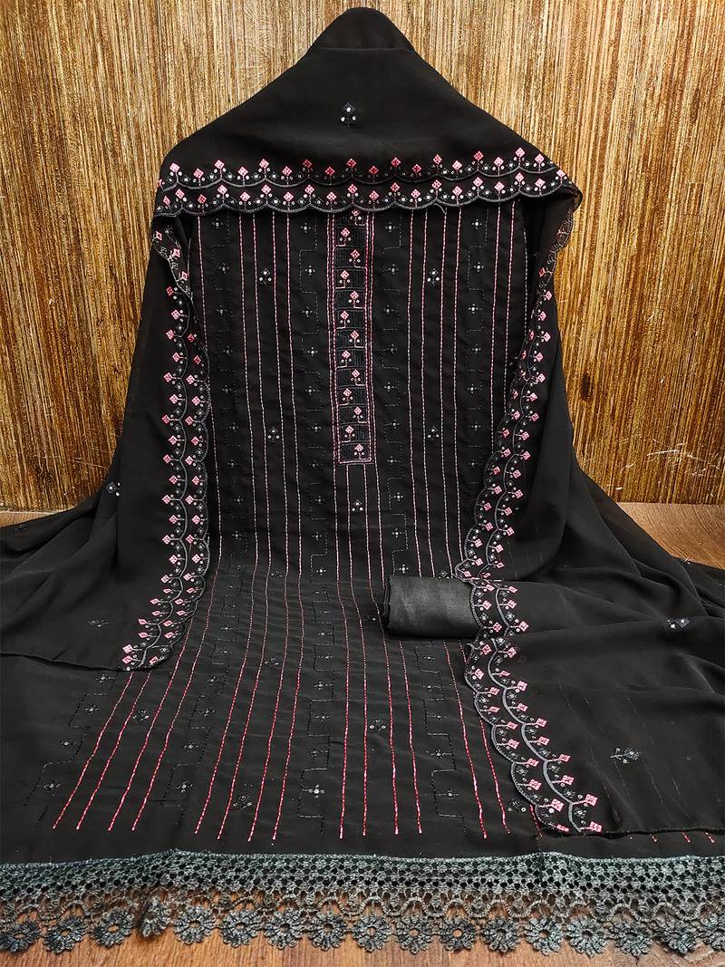 Graceful unstitched suit with pink thread & mirror work embroidery