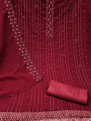 Maroon unstitched suit with pink thread & mirror work embroidery 2