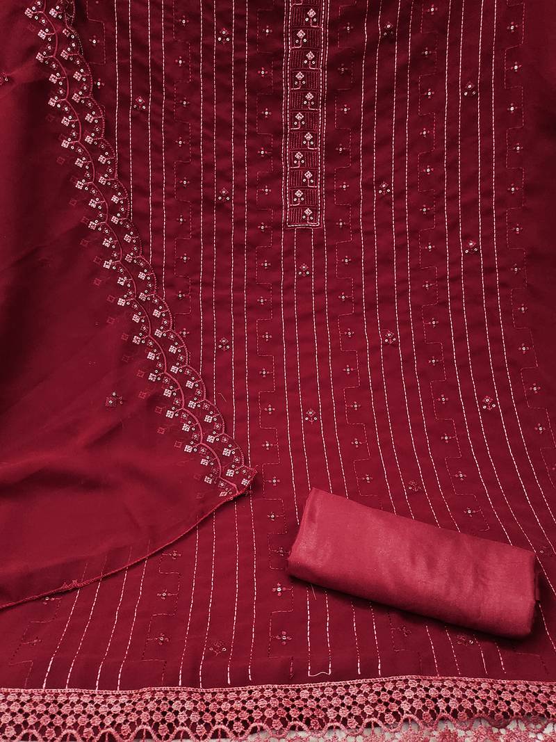 Maroon unstitched suit with pink thread & mirror work embroidery