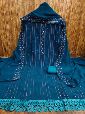Blue unstitched suit with pink thread & mirror work embroidery 3