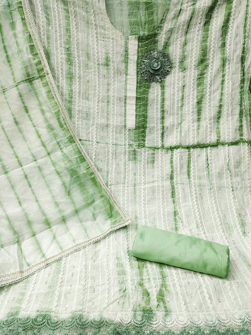 Green unstitched suit set with floral appliqu   & subtle stripes