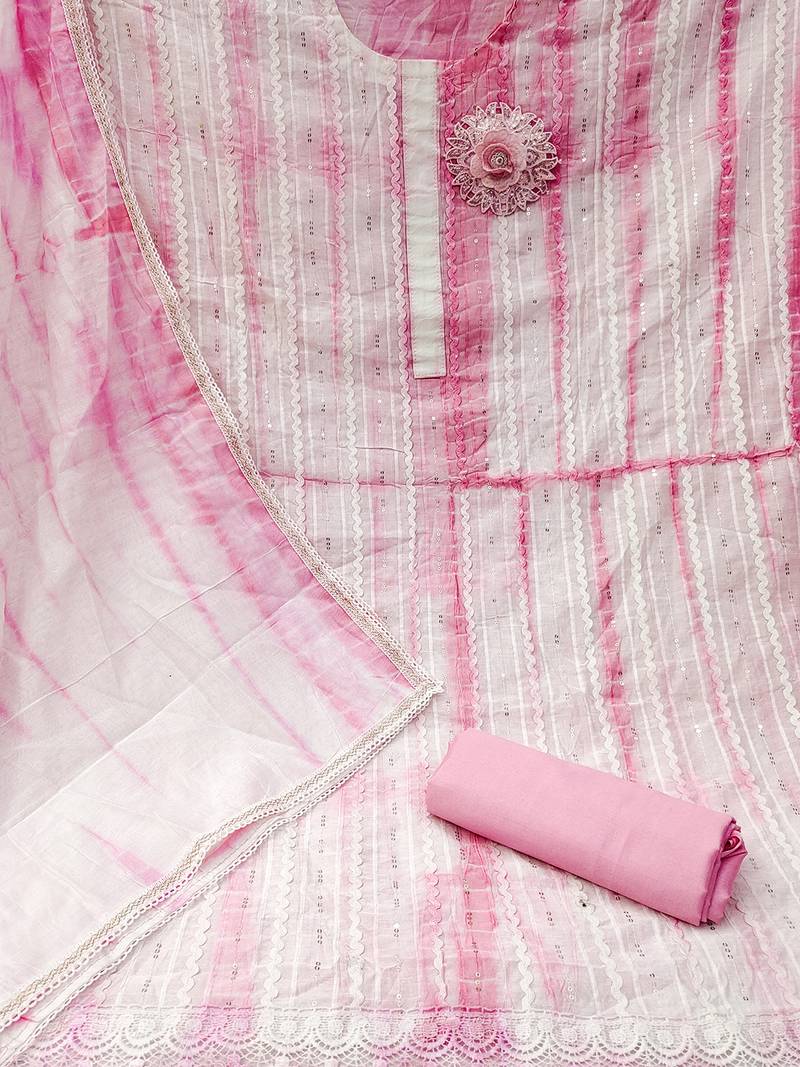 Pink Pink unstitched suit set with floral appliqu   & subtle stripes