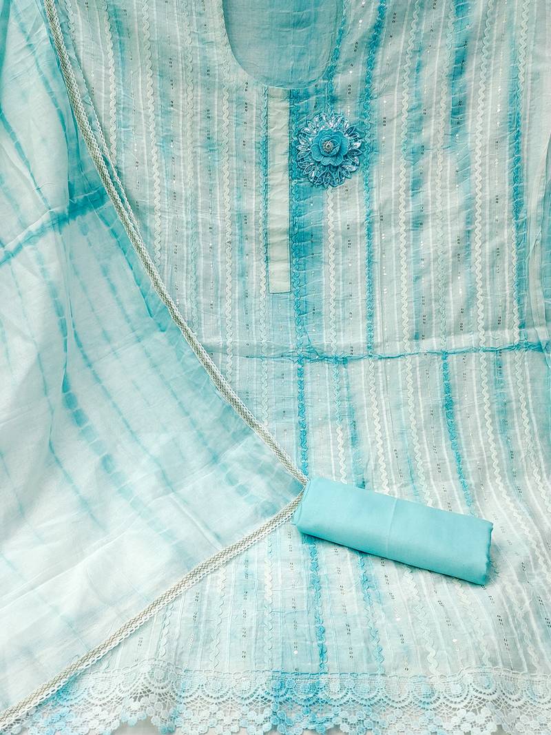 Blue unstitched suit set with floral appliqu   & subtle stripes