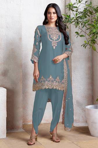 Sky embroidered faux georgette semi patiyala suit