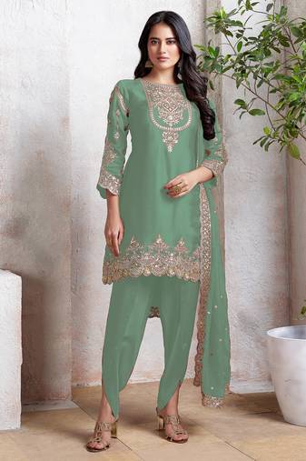 Green embroidered faux georgette semi patiyala suit