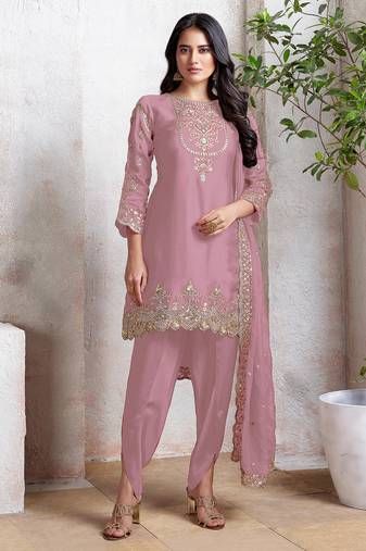 Pink embroidered faux georgette semi patiyala suit