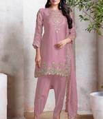 Pink embroidered faux georgette semi patiyala suit